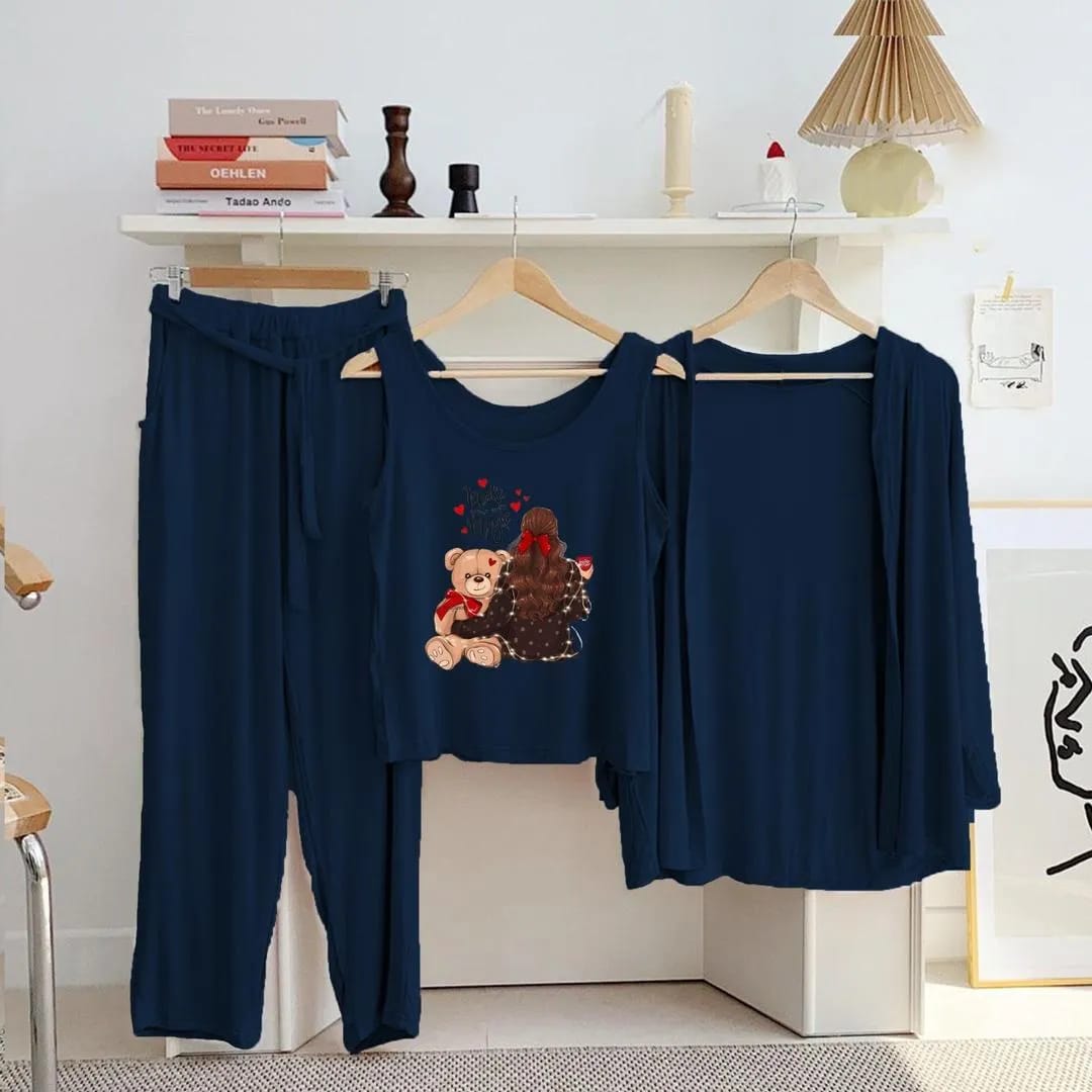 1 (Best for SEO): Women's 3-Piece Blue Printed Jersey Nightwear Set with Gown & Trouser  Option 2 (Catchy): 3-Piece Blue Printed Sleepwear Set – Inner Shirt, Gown & Trouser (Standard Size)  3: Premium Women's Blue Jersey Loungewear Set (3 Pcs)