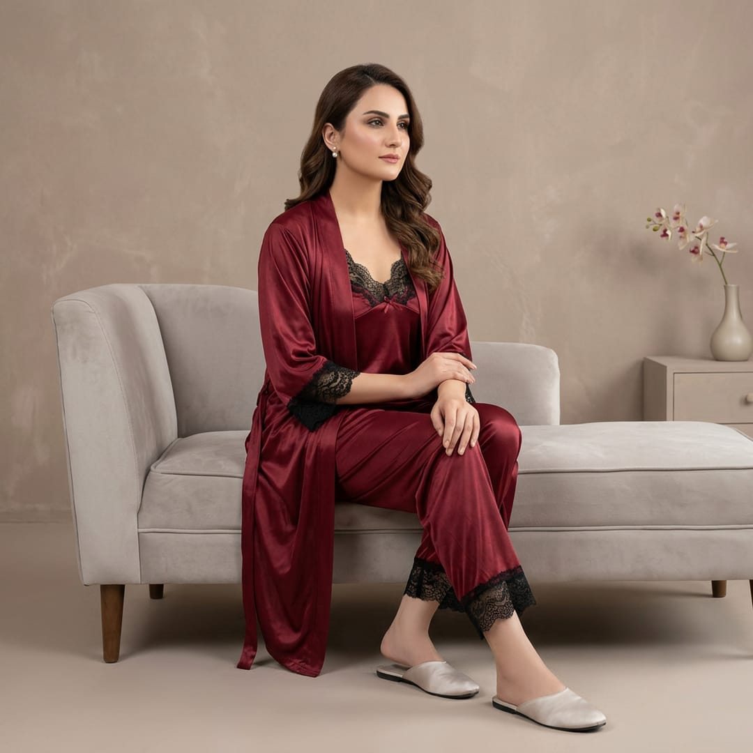 Women's 3-Piece Maroon Silk Nightwear Set with Lace Detail (Gown, Shirt & Trouser)
