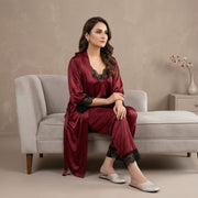 Women's 3-Piece Maroon Silk Nightwear Set with Lace Detail (Gown, Shirt & Trouser)