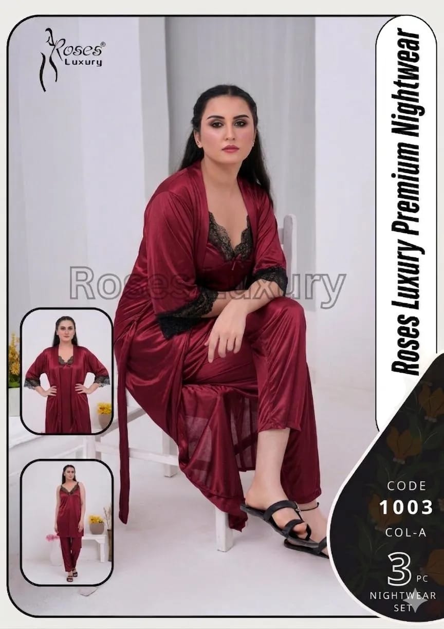 Women's 3-Piece Maroon Silk Nightwear Set with Lace Detail (Gown, Shirt & Trouser)
