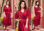 Women's 2-Piece Red Silk Nightwear Set with Lace Detail (Shirt & Nightgown)