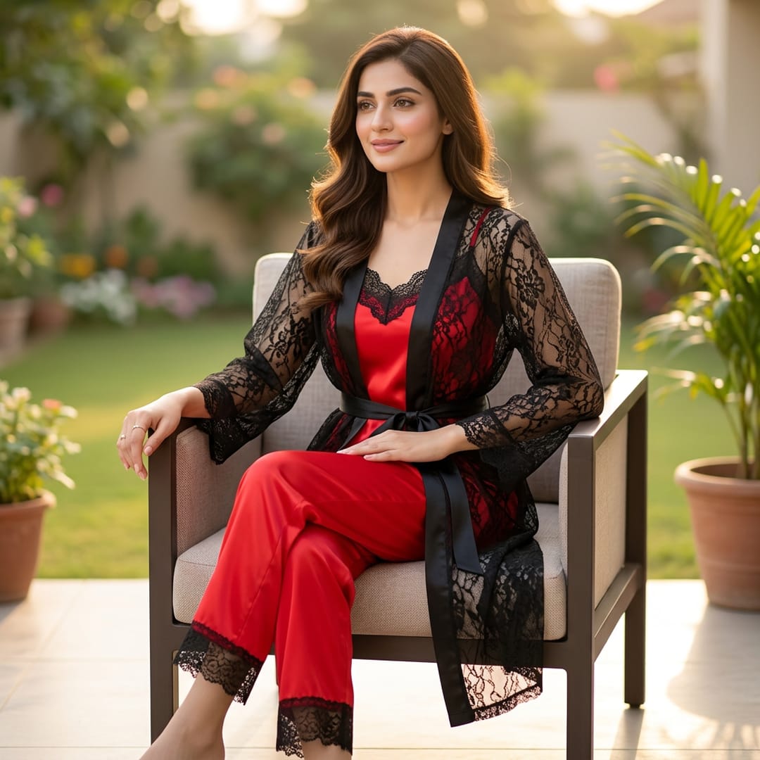 Women's 3-Piece Red Silk Nightwear Set with Lace Detail (Gown, Shirt & Trouser)