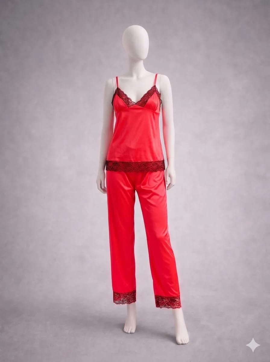 Women's 3-Piece Red Silk Nightwear Set with Lace Detail (Gown, Shirt & Trouser)