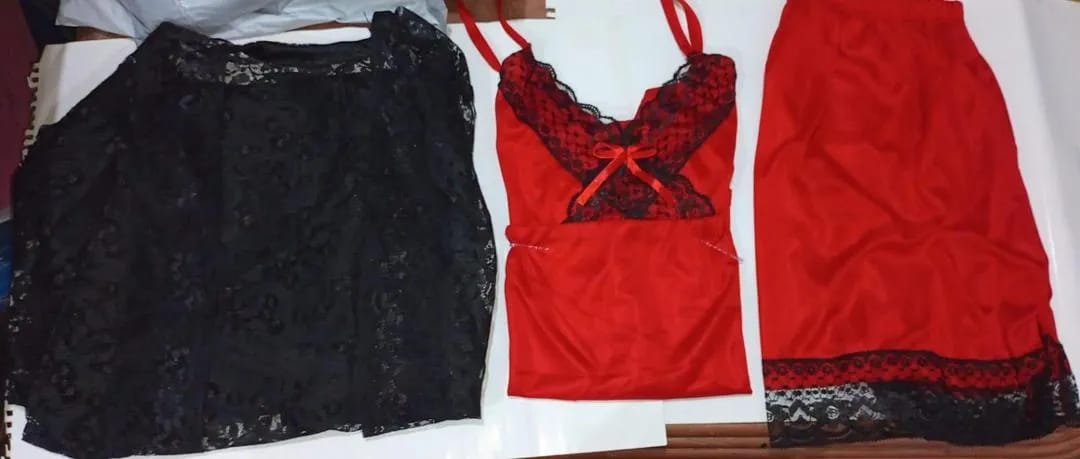 Women's 3-Piece Red Silk Nightwear Set with Lace Detail (Gown, Shirt & Trouser)