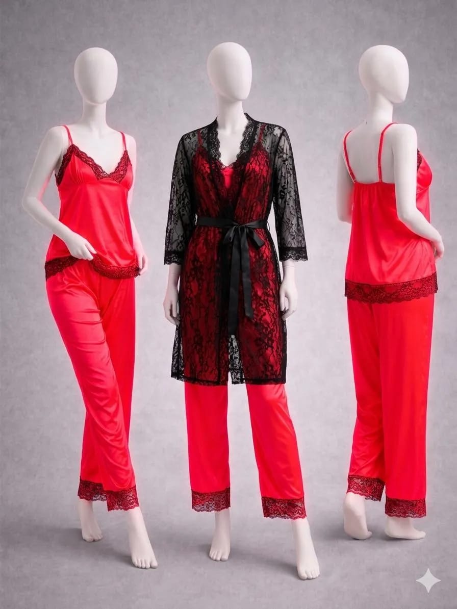 Women's 3-Piece Red Silk Nightwear Set with Lace Detail (Gown, Shirt & Trouser)