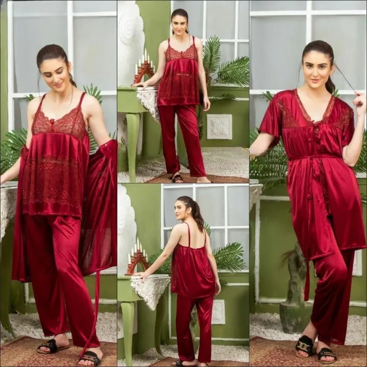 Women's 3-Piece Maroon Silk Nightwear Set with Lace Detail (Gown, Shirt & Trouser)