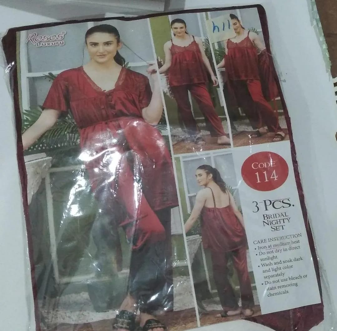 Women's 3-Piece Maroon Silk Nightwear Set with Lace Detail (Gown, Shirt & Trouser)