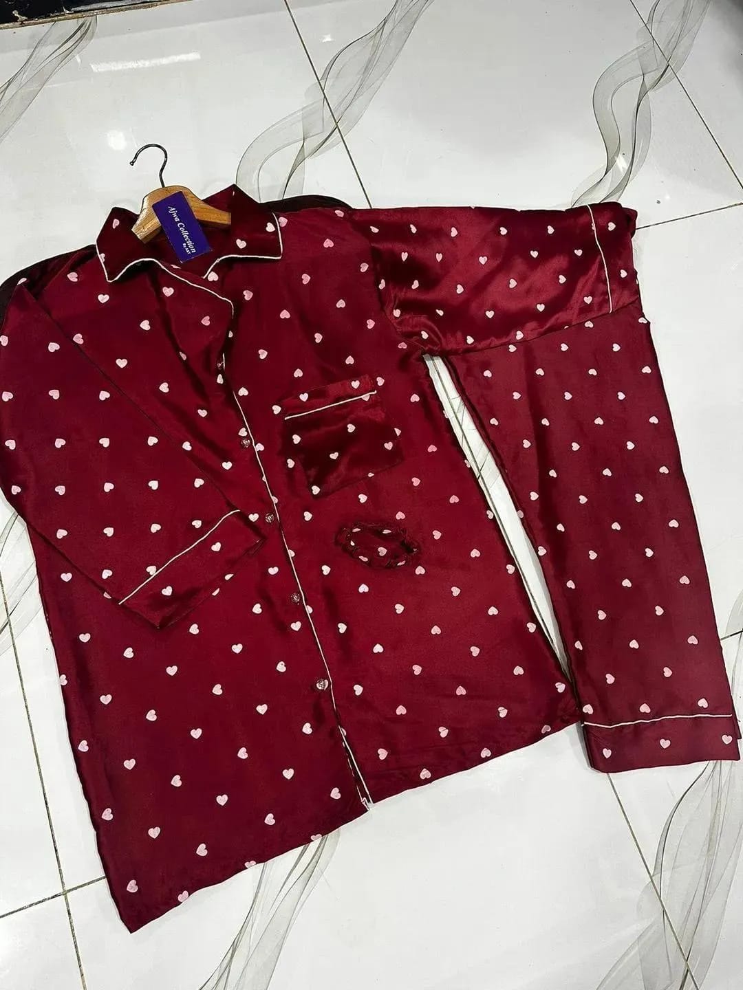 Women's 2-Piece Maroon Printed Silk Nightwear Set (Shirt & Trouser)