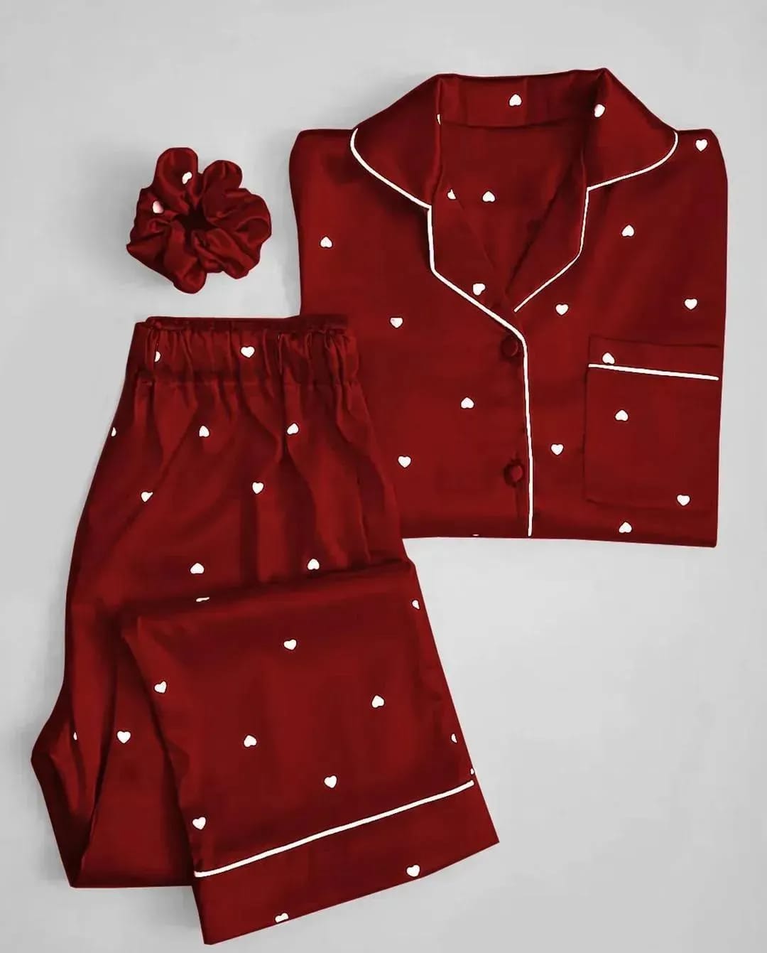 Women's 2-Piece Maroon Printed Silk Nightwear Set (Shirt & Trouser)