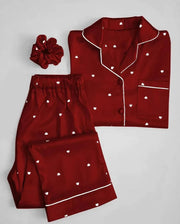 Women's 2-Piece Maroon Printed Silk Nightwear Set (Shirt & Trouser)
