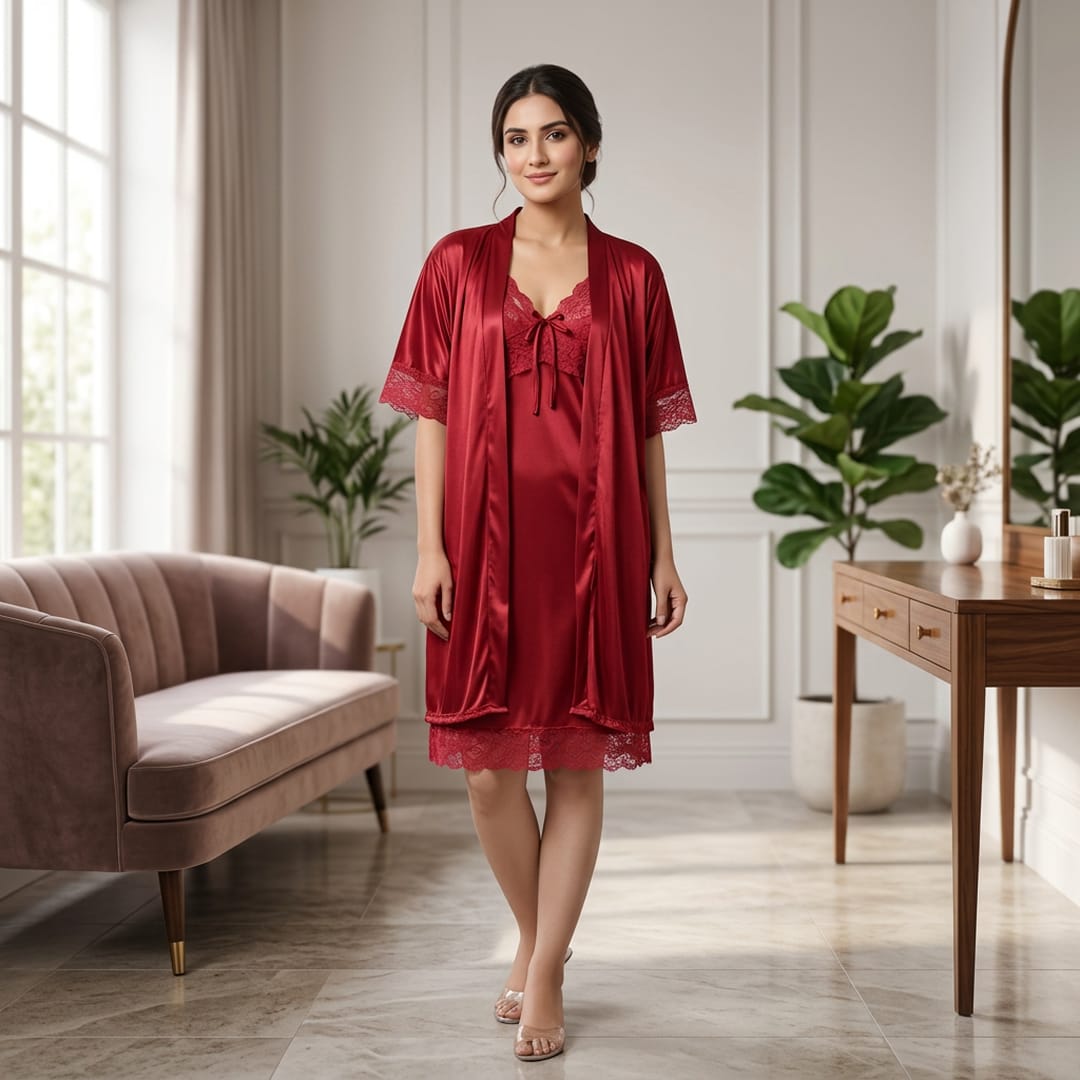 Women's 3-Piece Maroon Silk Nightwear Set with Lace Detail (Gown, Shirt & Shorts)