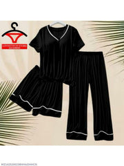 Women's 3-Piece Black Plain Silk Nightwear Set (Shirt, Trouser & Shorts)