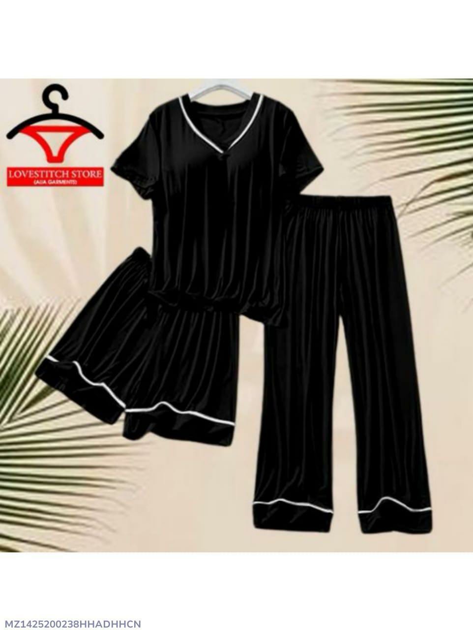 Women's 3-Piece Black Plain Silk Nightwear Set (Shirt, Trouser & Shorts)