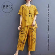Women's 2-Piece Yellow Printed Jersey Nightwear Set with Shorts / Capri