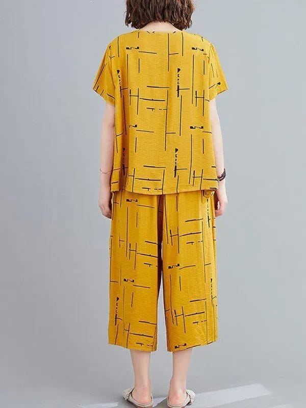Women's 2-Piece Yellow Printed Jersey Nightwear Set with Shorts / Capri
