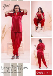Women's 2-Piece Maroon Silk Nightwear Set with Lace Detail (Shirt & Trouser)