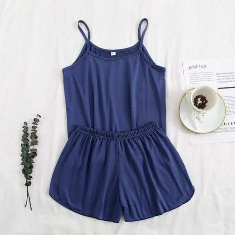 Women's 2-Piece Blue Cotton Jersey Nightwear Set with Shorts