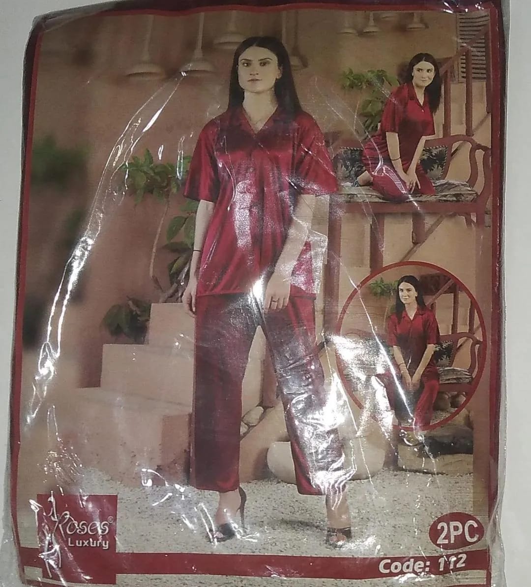 Women's 2-Piece Maroon Plain Silk Nightwear Set (Shirt & Trouser)