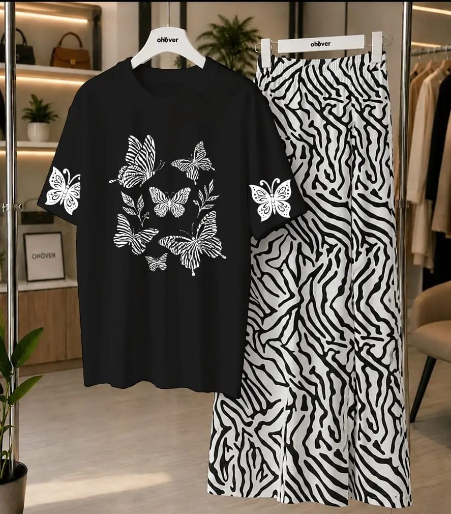 Women's 2-Piece Black Printed Soft Jersey Nightwear Set (Shirt & Trouser)