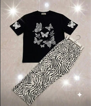 Women's 2-Piece Black Printed Soft Jersey Nightwear Set (Shirt & Trouser)