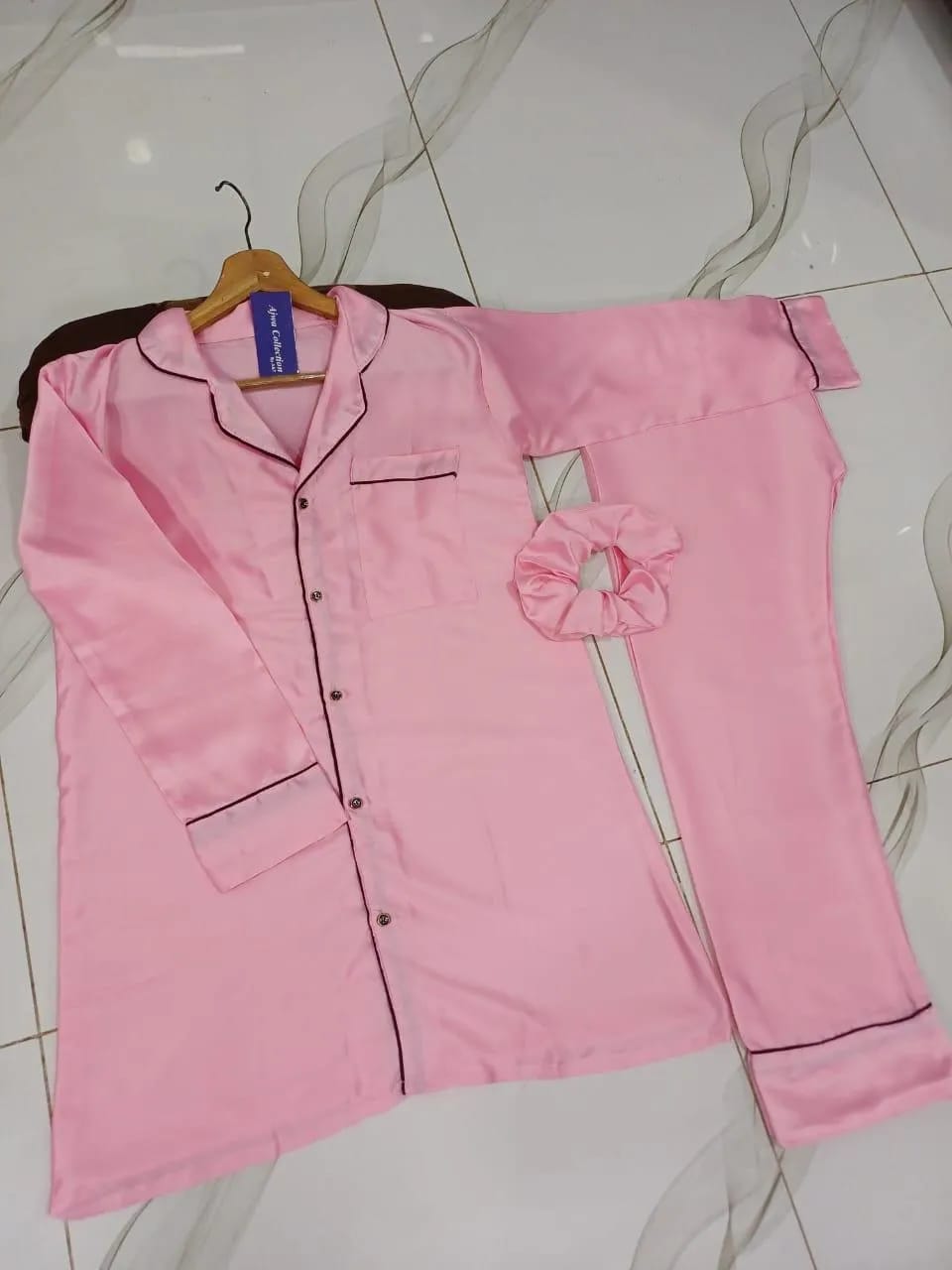 Women's Premium Pink Shamose Silk Nightwear Set with Piping Detail & Matching Scrunchie