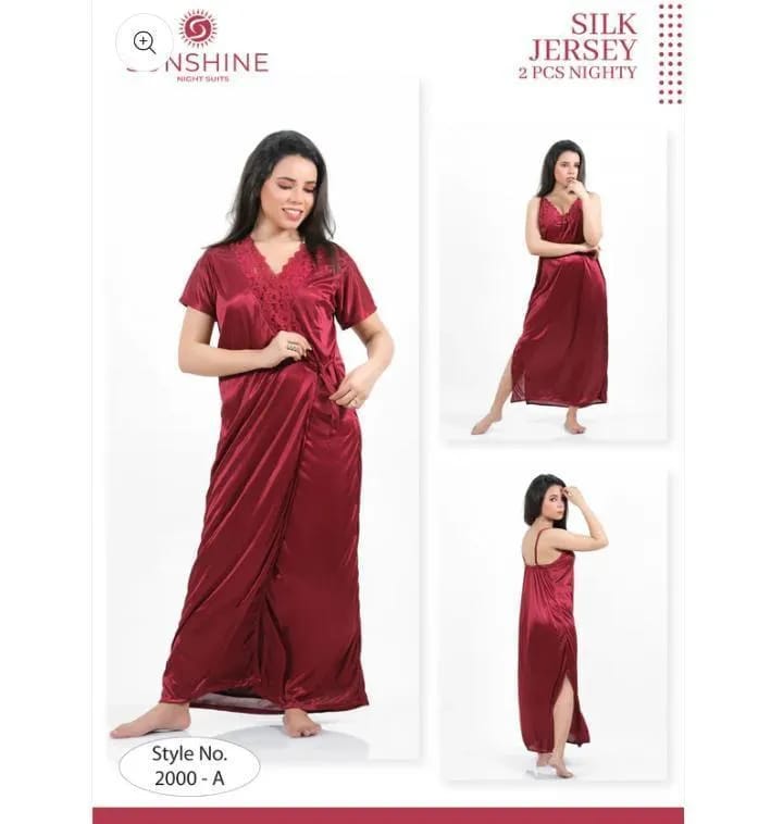Women's 2-Piece Maroon Silk Nightwear Set with Lace Detail (Gown & Shirt)