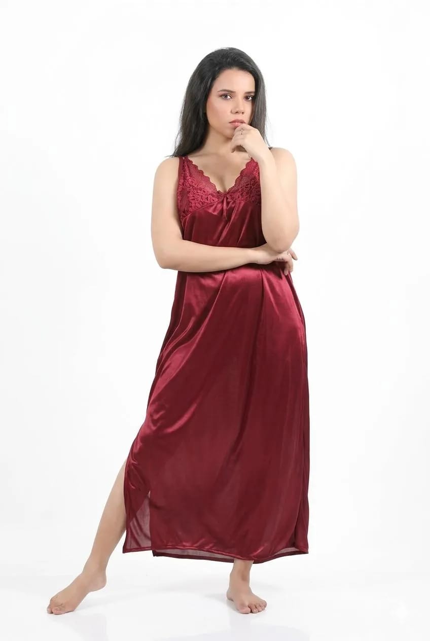 Women's 2-Piece Maroon Silk Nightwear Set with Lace Detail (Gown & Shirt)