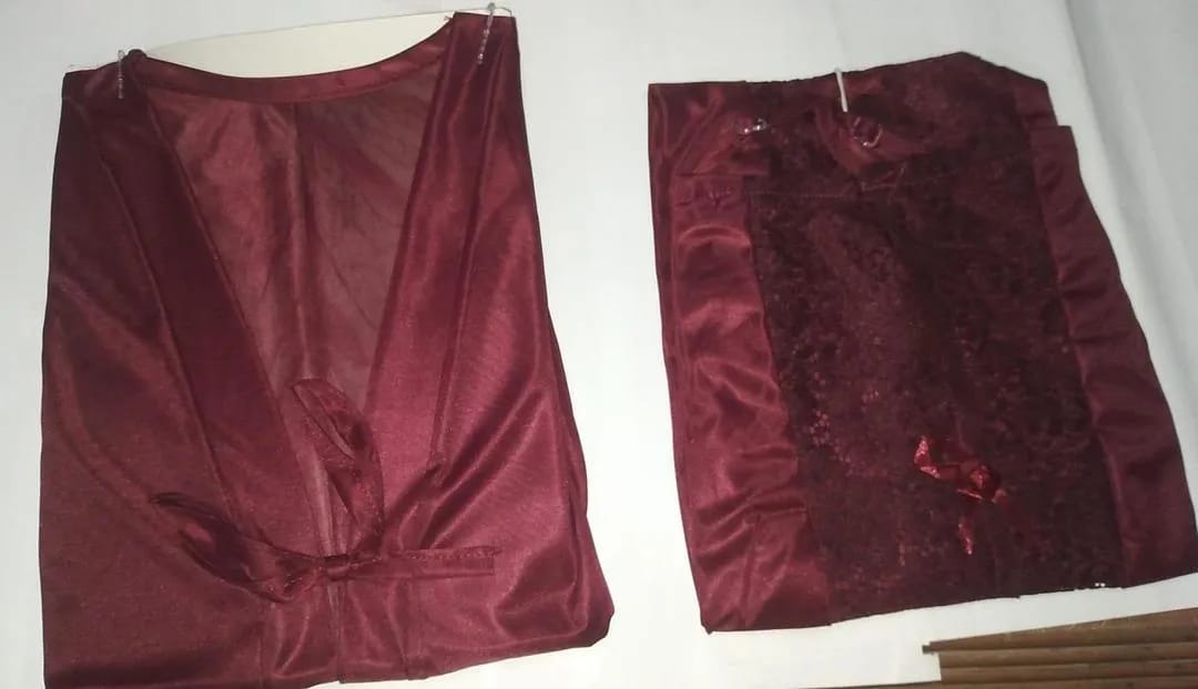 Women's 2-Piece Maroon Silk Nightwear Set with Lace Detail (Gown & Shirt)