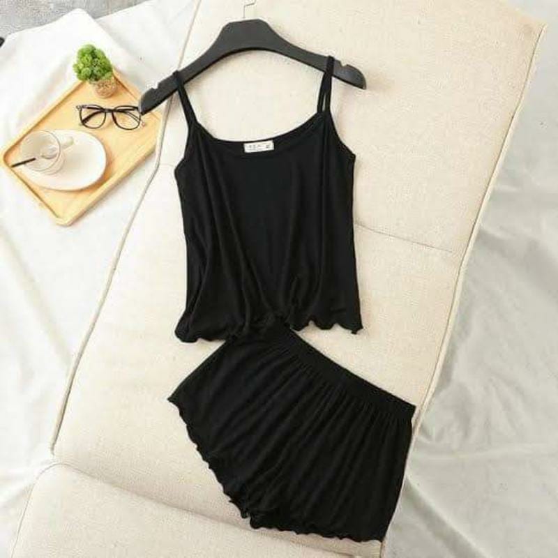 Women's 2-Piece Black Cotton Jersey Nightwear Set with Shorts
