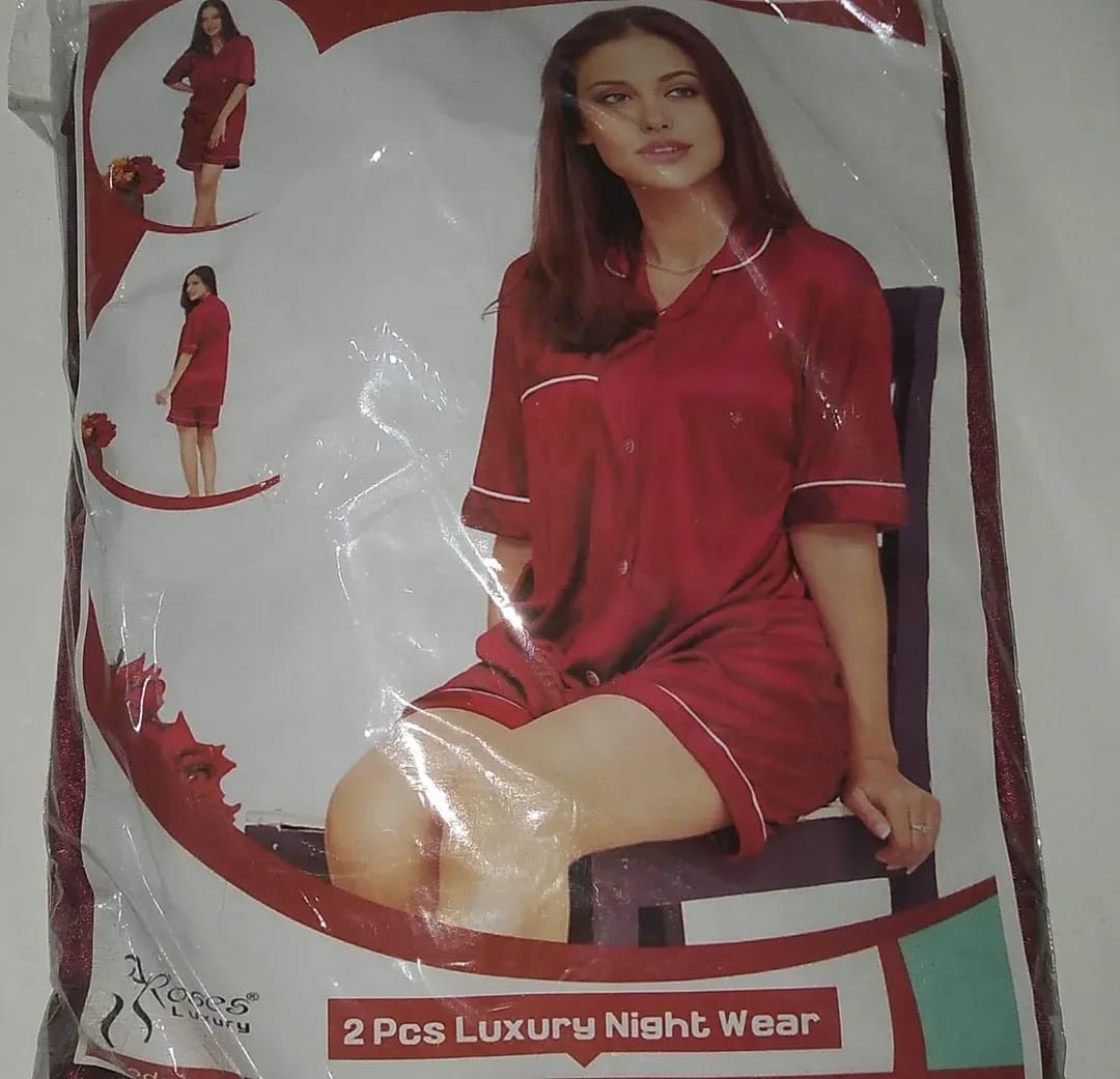 Women's 2-Piece Maroon Silk Nightwear Set with Lace Detail (Shirt & Shorts)