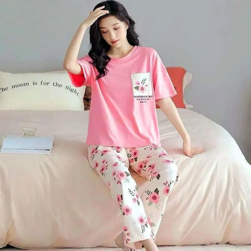 Women's 2-Piece Pink Printed Cotton Jersey Nightwear Set (Shirt & Trouser)