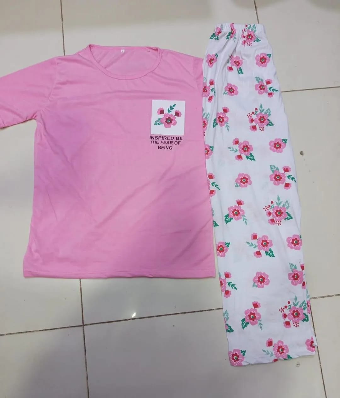 Women's 2-Piece Pink Printed Cotton Jersey Nightwear Set (Shirt & Trouser)