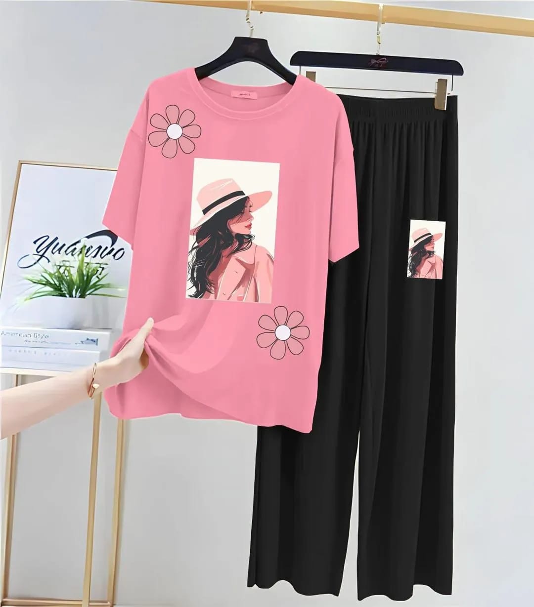Women's 2-Piece Pink Printed Soft Jersey Nightwear Set with Flapper Trouser