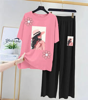 Women's 2-Piece Pink Printed Soft Jersey Nightwear Set with Flapper Trouser
