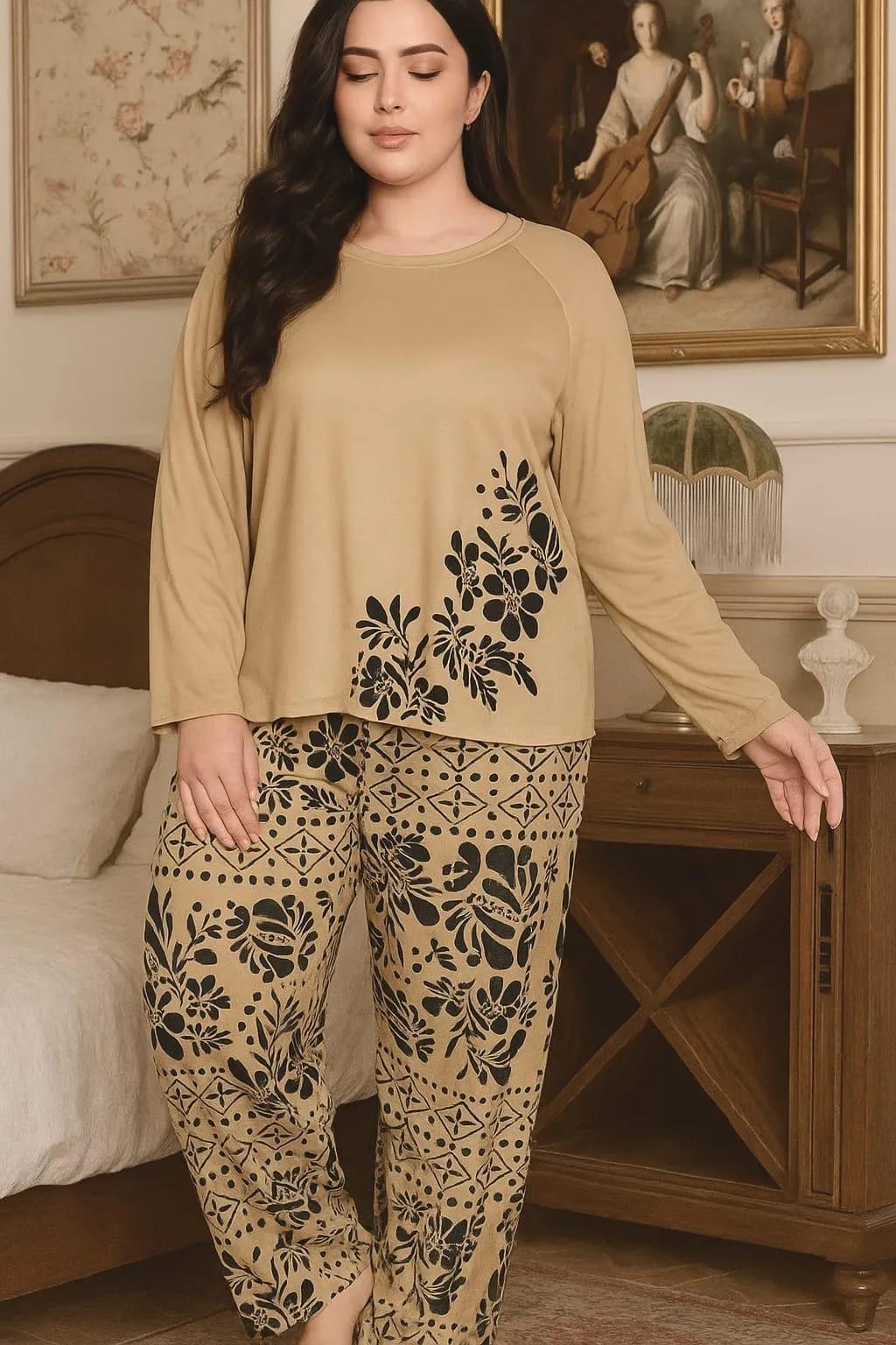 Women's 2-Piece Brown Printed Soft Jersey Nightwear Set (Shirt & Trouser)