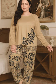Women's 2-Piece Brown Printed Soft Jersey Nightwear Set (Shirt & Trouser)