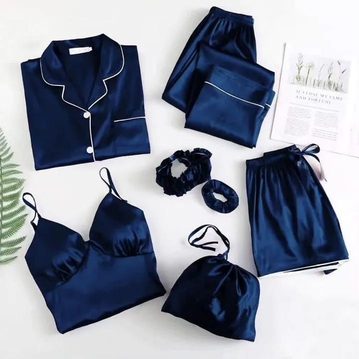 Women's Premium Blue Shamose Silk Complete Nightwear Set with Piping Detail