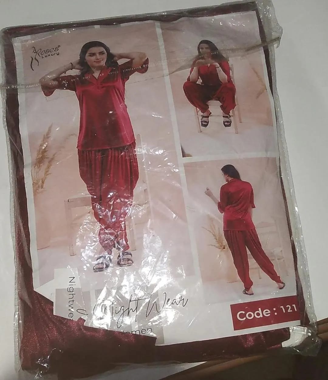 Women's 2-Piece Maroon Silk Nightwear Set with Lace Detail (Shirt & Trouser)