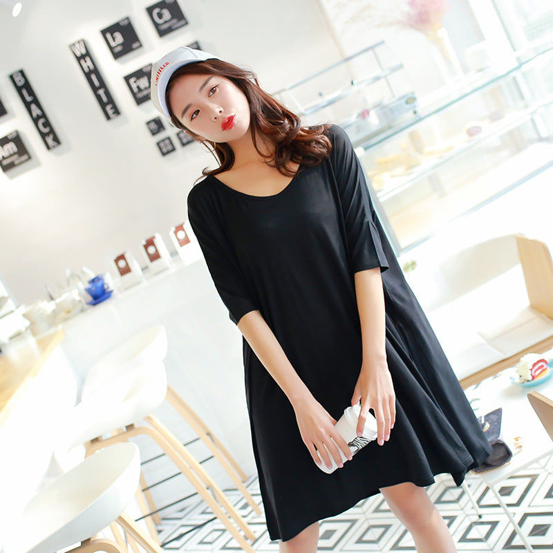 Women's V-Neck Modal Cotton Mid-Length T-Shirt Dress & Nightgown