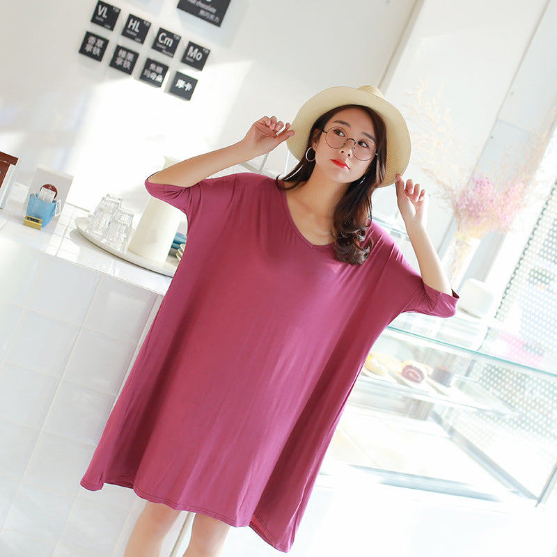 Women's V-Neck Modal Cotton Mid-Length T-Shirt Dress & Nightgown