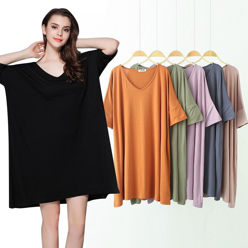 Women's V-Neck Modal Cotton Mid-Length T-Shirt Dress & Nightgown